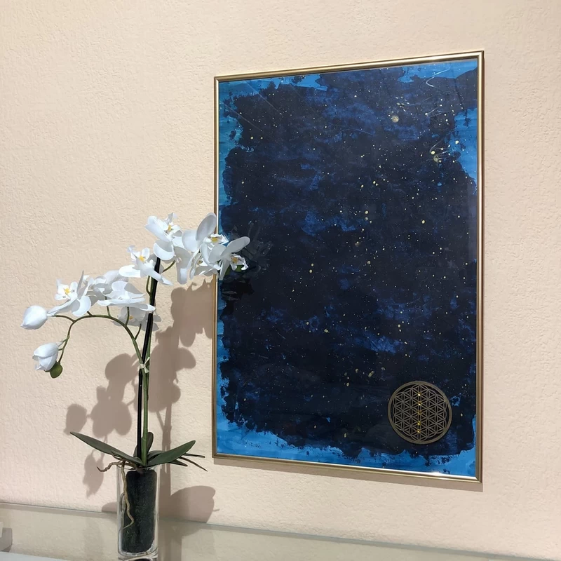 Blume des Lebens Bild 40 x 60 cm türkis dunkelblau gold